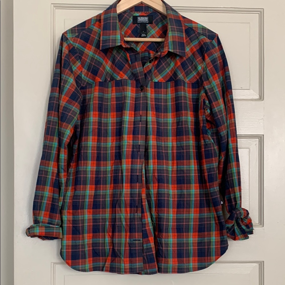 Vibrant Red and Green 3/4 Sleeve Button Down Shirt with Notched Collar